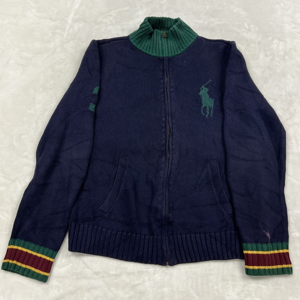 Polo Ralph Lauren Full Zip Sweater boys XL Navy Blue Big Pony Striped Cuffs